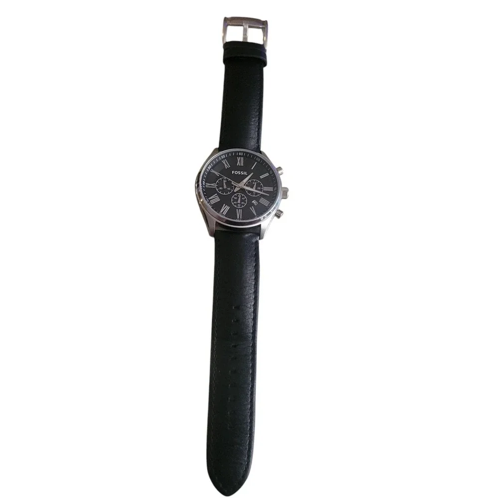 Fossil Grant Chronograph Watch Mens Black Silver Leather Band Roman Num FS4812‎